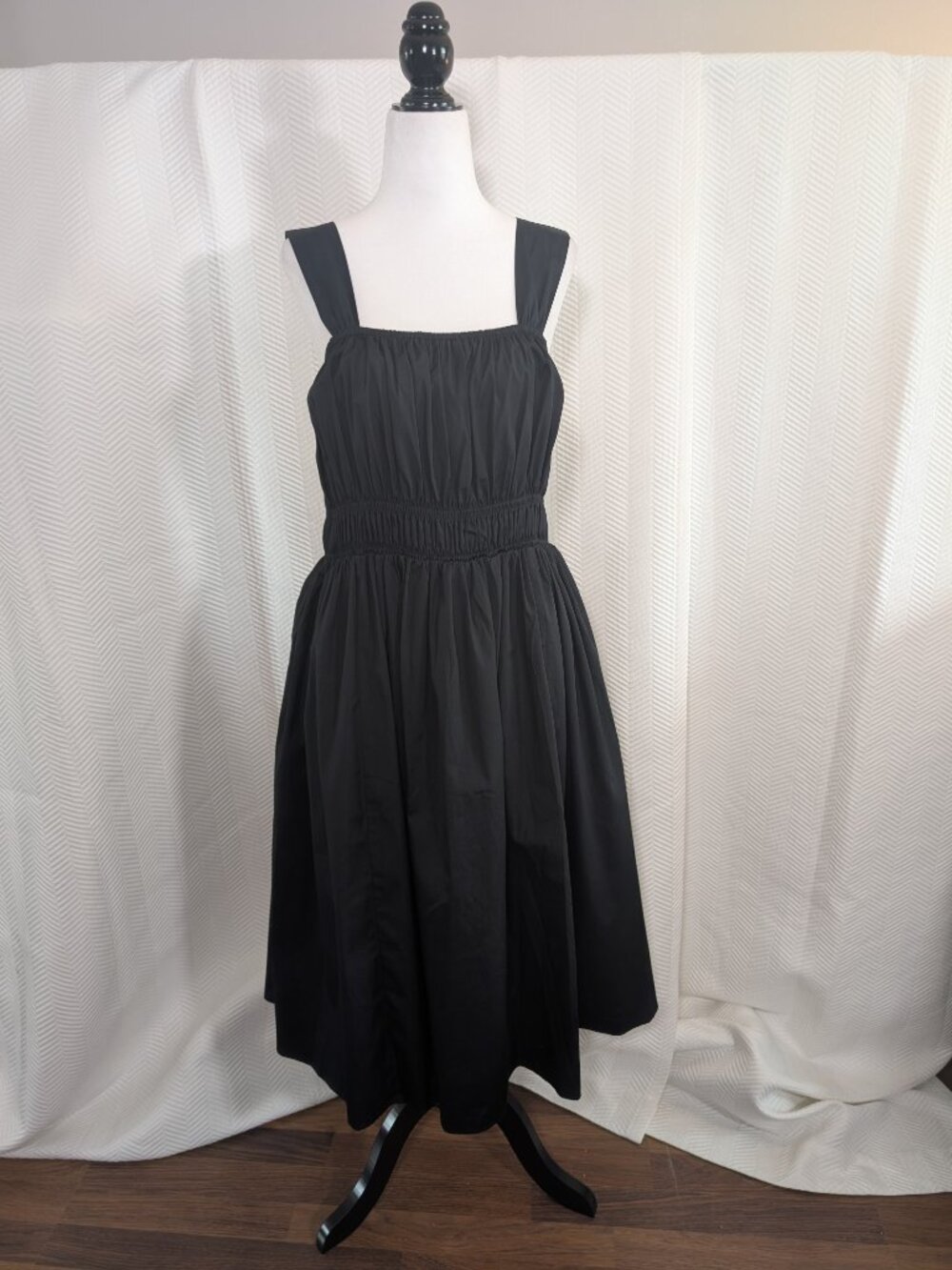 Hudson North Smocked Cotton Poplin Midi Dress Black Large Pockets Minimalist